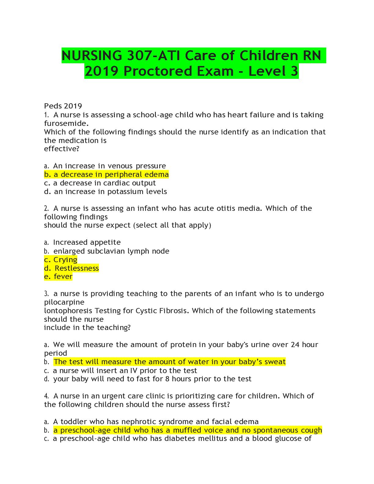 Preview of NURSING 307-ATI Care of Children RN 2019 Proctored Exam - Level 3